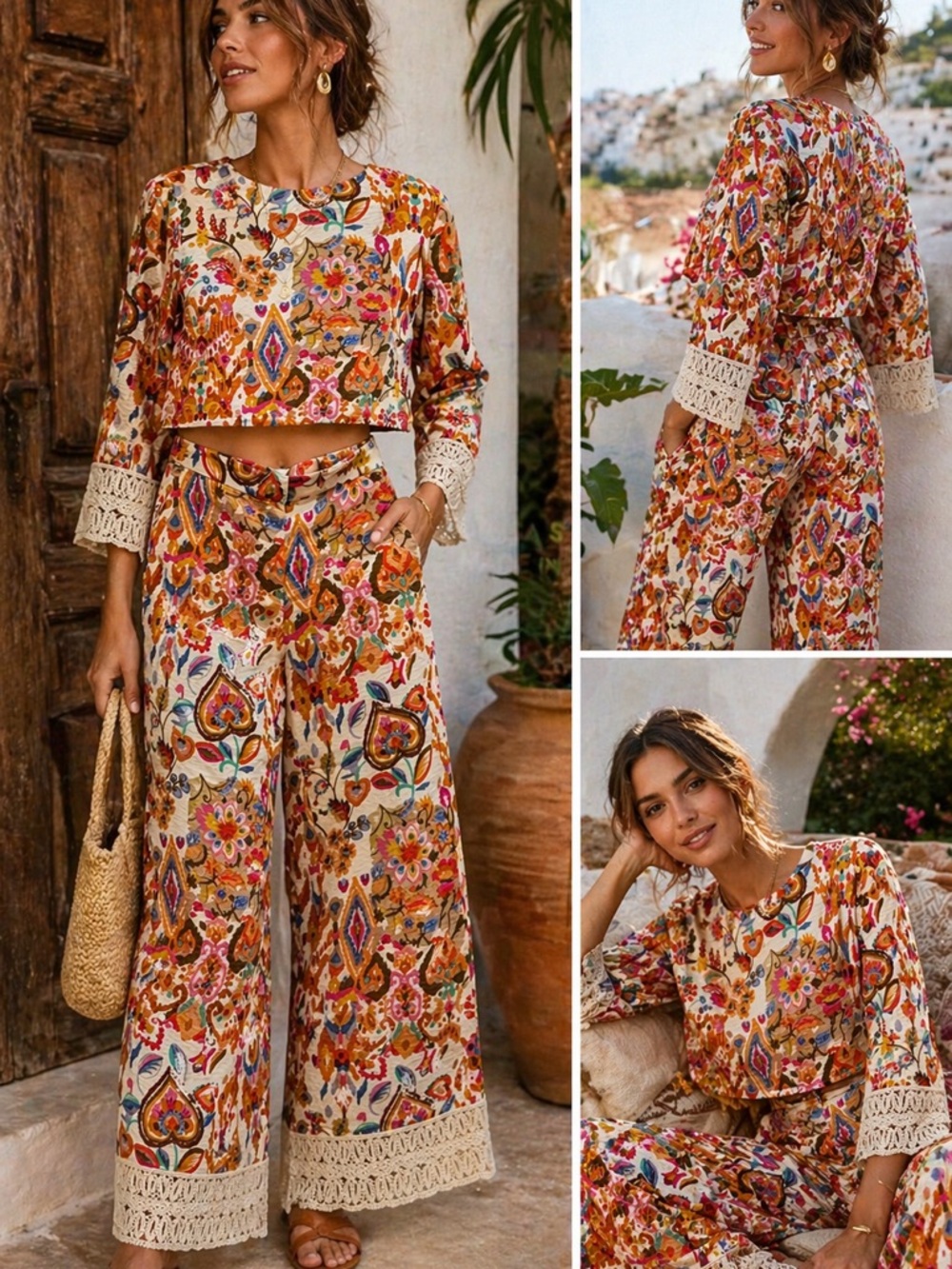 Zara boho resort casual matching set printed crop top wide leg pants small